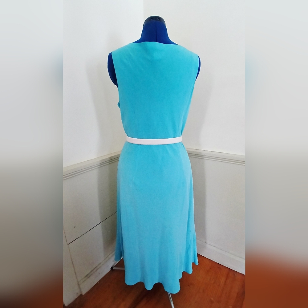 Vintage Chadwicks 100% Silk Aqua Sleeveless Midi Sheath Dress - Picture 4 of 9